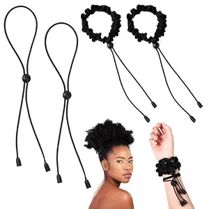 Adjustable Hair Ties 4 Pcs Black Large Satin Hair Ties for Afro Puff Thick Hairs Band Adjustable Loc Accessories for Black Women Soft Ponytail Holders for Medium Thick Thin Curly Hairs