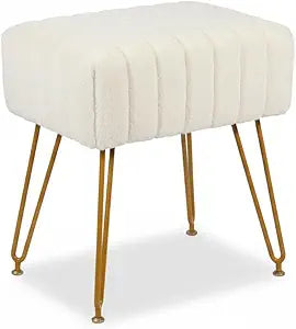 Velvet Rectangular Footrest Stool Ottoman with Golden Steel Legs, White, Makeup Vanity Stool, Side Table, Dressing Table Seat