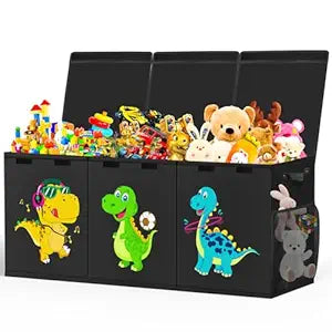 Beadsky Extra Large Toy Box, Collapsible Toddlers Toy Chest Kids Storage Organizer, Dinosaur Bin Boxes Storage Basket with Lids for Boys, Girls, Living Room, Nursery, Playroom, 40"x14"x16", Black
