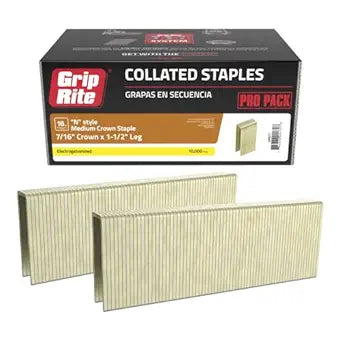 Grip-Rite Collated Medium Staples 16-Gauge - Electro-Galvanized - N-Style Staples for Wood Fencing, Roofing, General Construction - 7/16" x 1-1/2" - 10000 Count - GRN17