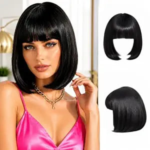 Black Bob Wig with Bangs, Short Synthetic Wig, Glueless Bob Wig for Women