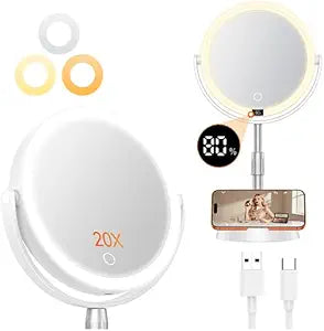 Gospire ABS 7" Lighted Makeup Mirror with Lights and Magnification, 20X Magnifying Mirror with Light for Makeup Desk, Height Adjustable and Digital Display - White Silver