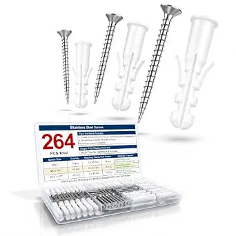 Drywall Anchors and Screws Kit  264PCS Stainless Steel Screws and Anchors for Wall, Drywall, Picture Hanging  Heavy Duty Plastic Wall Anchors Set for Drywall, Anchors for Screws