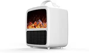 Mini Electric Space Heater with 3D Flames, Portable & Quiet Fireplace Heater for Bedroom, Office & Small Rooms 1500W/ PTC Ceramic Heating, power switch settings on top not rear, Classic White.