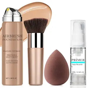 AirBrush Silky Mist Foundation Spray Makeup With Primer and Brush, Full Coverage Foundation for Smooth Radiant Finish, Breathable Lightweight Hydrating (#2 Beige)