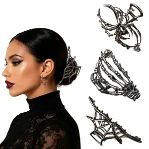 3 Pack Halloween Hair Clip Claws for Women and Girls, Large Goth Claw Clips for Thick/Thin Hair, Halloween Goth Hair Accessories Gifts, Spider Web Hand Bone, Grey