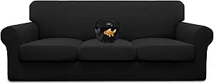 Easy-Going 100% Dual Waterproof 4 Pieces Stretch Soft Couch Cover for Dogs, Sofa Slipcover for 3 Separate Cushion Couch Leakproof Furniture Protector for Kids, Pets Black