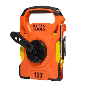 Klein Tools 94100RT 100-Foot Open Reel Tape Measure, PVC-Coated Fiberglass Tape with Carabiner and Hook, 3:1 Planetary Gear System, Metal Stake, Double-Sided Measurements