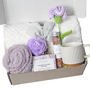 Sending Hugs Care Package for Women  Cozy Blanket Gift Box with Knitted flower, Soap, Bath Salt, Candle & Fluffy Socks | Self Care Spa Set, Birthday, Get Well Soon, Thinking of You Gift for Her