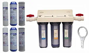 Whole House 3-Stage Water Filtration System, 3/4" port with 2 valves and extra 1 year filter supply (2 sets, 6 pcs)