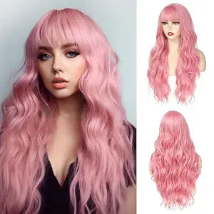Pink Wig With Bangs Long Wavy Wigs for Women 26 Inch