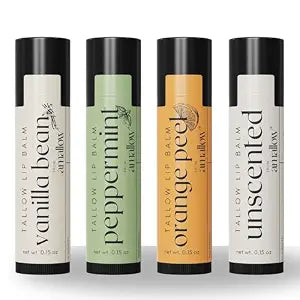 Amallow Tallow Lip Balm Variety Pack (4 Pack) – Vanilla Bean, Peppermint, Orange Peel, & Unscented – Natural Lip Balm with Grass-Fed Tallow, Shea Butter & Beeswax – 0.15 oz Each