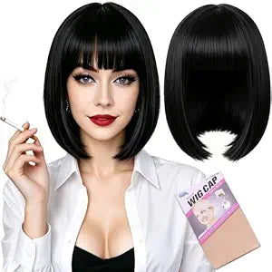 Black Bob Wig With Bangs 12 Inch Synthetic Short Straight Wigs for Women