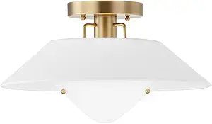 Troy Lighting Otto 16" Semi-Flush Mount | Patina Brass | White Linen Shade | Opal Glass Diffuser | Transitional 1-Light Ceiling Light | Made of Iron, Steel, Linen and Glass | 16"W x 9.5"H | C8416-PBR