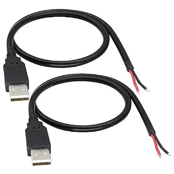 18AWG USB 2.0 Male Plug to 2pin Bare Cable USB A Male Plug to 2pin Bare Wire Pigtail Open End Extension Cable 5V 5A Power Charge Wires DIY Connector Cable [2PacK/Black][0.5M/16ft]