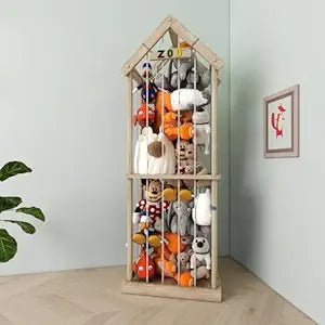 Stuffed Animal Storage Zoo, 60.6" Tall Solid Pine Toy Storage Organizer, Reinforced Wooden Base & House Shape Plushie Holder Cage, Large 3D Plaque for Nursery Bedroom Playroom Decor (Natural)