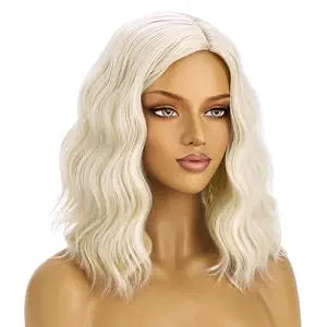 BERON Blonde Wigs for Womens Short Curly Wavy Wig Girls Platinum Blonde Side Part Wigs Shoulder Length Heat Resistant Synthetic Cosplay Party or Daily Use Wig