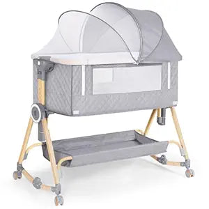 Baby Bassinet 5 in 1,Baby Bedside Bassinet with Diaper Changer, Mosquito Net, Mattress, Storage Layer, Can Be Stored in One Button Travel Crib (Gray)