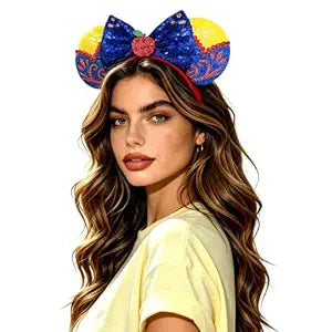 Red Apple Mouse Ears Headband for Women Sequin Deep Blue Bows