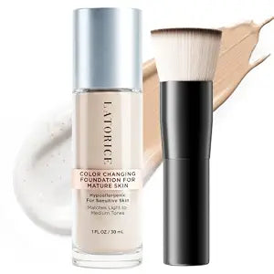 Color Changing Foundation with Professional Brush for Mature Skin: No Settling, Buildable Coverage, 12-Hour Hydration & Wear, Light to Medium Tones, Fragrance-Free - 1 FL OZ