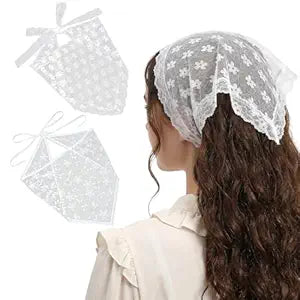 2 PCS Lace Head Scarf White Lace Bandana Flower Hair Scarf