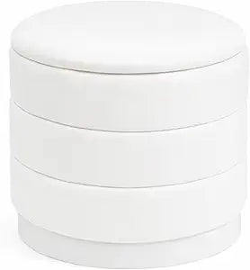 15.4" Round Velvet Storage Ottoman with Reversible Lid, Upholstered Circular Ottoman Footrest with Hidden Storage, Foldable Padded Footstool for Dorm Living Room & Bedroom, White