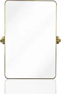 20"30" Gold Pivot Bathroom Mirror for Wall Tilt Vanity Mirror Modern Rectangle Stainless Steel Metal Framed Mirrors with Rounded Corners Hanging Vertical