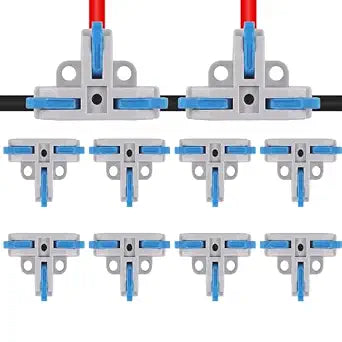 10Pcs 3 Way T Tap Lever Wire Connector Compact DIY Quick Connect Push-in Splitter Cable Splicing Butt Terminal Block Connectors for Mini Electrical Wire Splice 24-12 AWG - Blue