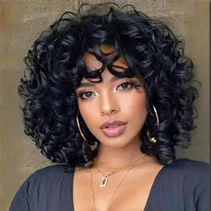Short Curly Wigs for Black Women Soft Black Big Curly Wig with Bangs Afro Kinky Curls Heat Resistant Natural Looking Synthetic Wig for African American Women （Black）