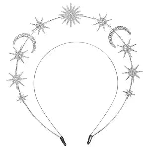 Beaupretty Halo Crown Headband Goddess Headpiece Star And Moon Headpiece Double Wire Headband Headdress for Womens Halloween Costume Party(Silver)