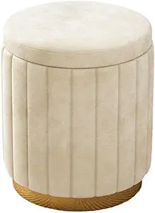Modern Velvet Storage Ottoman, Round Vanity Stool with High Resilience Sponge, Multifunctional Footrest Makeup Chair with Wooden Frame, Pink (White)