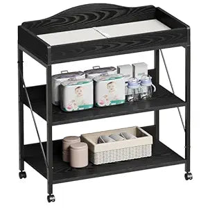 Yetom Baby Changing Table, Diaper Changing Station with Pad and Wheels, Two-Tier Open Storage Shelves, Waterproof Diaper pad & Safety Strap,Compact Baby Furniture for Nursery, Black