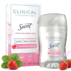 Secret Clinical Strength Antiperspirant Deodorant for Women, 3X Stress Protection, 72hr Sweat & Odor Protection, Pro-Hyaluronic Acid, Invisible Solid, Strawberry Summer Fizz Scent, 1.6 oz
