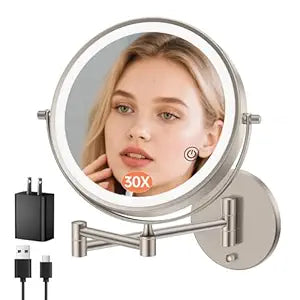FUNTOUCH 5000mAh Rechargeable Wall Mounted Makeup Mirror with Lights, 9" Double Sided 1X/30X Magnifying Mirror with Dimmable 3 Color Light, Extended Swing Arm 360 Wall Mount Bathroom Mirror,Nickel