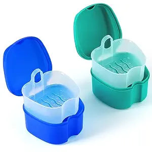 JMU 2 Pcs Denture Bath Case, Denture Cup with Strainer Basket Tray