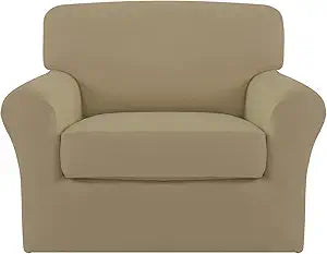 Easy-Going 2 Pieces Microfiber Stretch Chair Slipcover  Spandex Soft Fitted Sofa Couch Cover Washable Furniture Protector with Elastic Bottom Kids Pet Tan