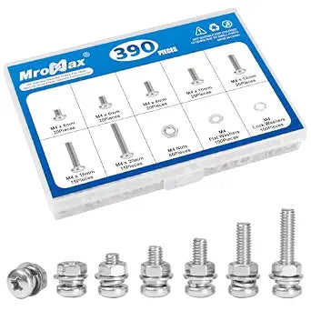 MroMax 390Pcs M4 Phillips Pan Head Machine Screws Kit with Nuts & Washers