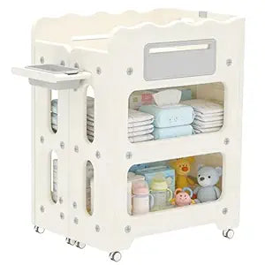 Baby Changing Table, with Lockable Wheels Foldable Portable Diaper Station, Waterproof Nursery Unit for Newborn Infant Essentials Storage Baskets & Cradle Travel-Friendly Easy-Clean Surface Compact