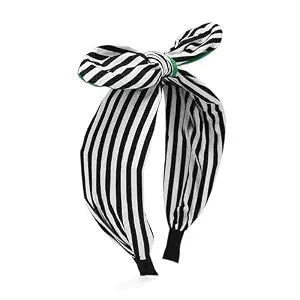 ASVP Shop Beetle Pattern Black & White Striped Headband with Green Accent Bow - For Halloween Costume