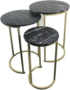 HYGRAD BUILT TO SURVIVE Set of 3 Round Wooden/Steel Nesting Side Stacking Sofa Side Coffee Tables, Small Space Coffee Tea Table for Hallway Living Room Bedroom, Home, Office (Black/Gold)