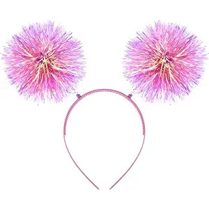 DIVINA VITAE Foil Strips Pom Pom Headband Glitter Tinsel Headband Pink Hair Accessories for Women, Fluffy Pom Ball Headbands for Halloween Cosplay Christmas Day Party(Pink)