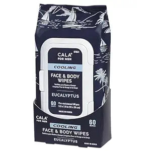CALA for Men Cooling Face & Body Wipes, Eucalyptus Leaf Oil + Witch Hazel, Unscented Pre-Moistened Cleansing Tissues for Sweat & Grime, Soft Woven Cloth, 60 Sheets