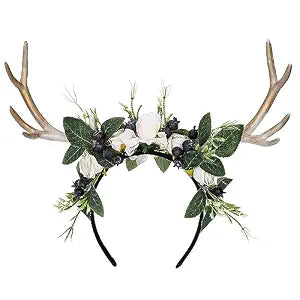 MOSTORY Handmade Deer Horns Headband - Flower Antler Hairband Woodland Reindeer Headpiece with Berries for Prom Renaissance Halloween Cosplay Accessory