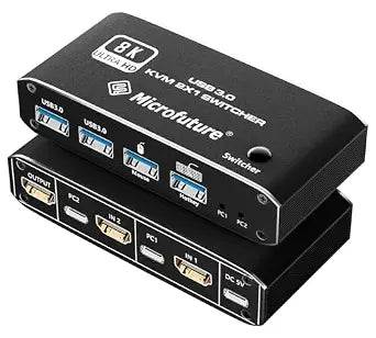 8K@60Hz KVM Switch 2X1, HDMI 2.1 for 1 Monitor 2 Computers, 4 USB3.0 Devices, USB C Selector With Hotkey, Supports 4K@120Hz, 2K@144Hz, 1080P@240Hz (2 USB 3.0 Cable Included)