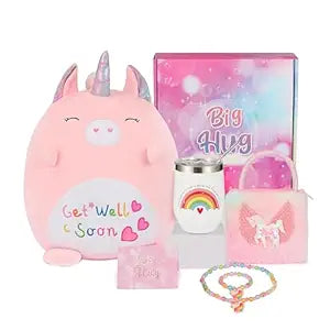 Get Well Soon Gift for Kids, Feel Better Gifts for Kid, Kids Get Well Baskets, Care Package for Girls with Get Well Soon Unicorn Plush Pillow, Get Well Gifts Set for Girls after Surgery