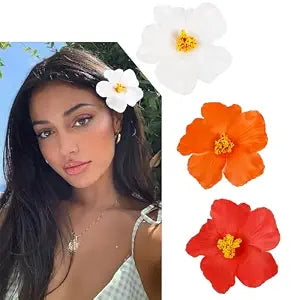TEBIEKOY 3Pcs Hawaiian Flower Hair Clips for Women Plumeria Hibiscus Hair Clip 3.5 Inch Artificial Flower Clips for Vacation Party Beach Accessories