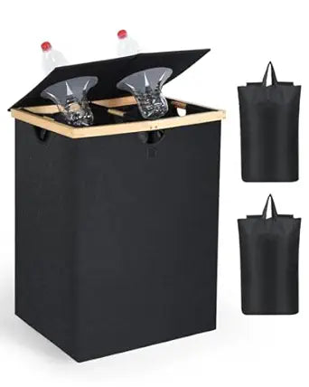 OTraki 140L Recycling Bin for Kitchen, 2 Compartments Large Home Recycle Bin with Lid with 2 Removeable and Reusable Inner Bag for Bottle Can Glass Waste Plastice, Black