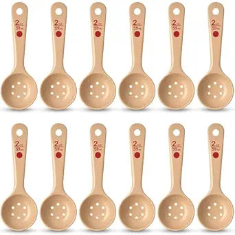 Carlisle FoodService Products 2 Oz Perforated Portion Control Spoon  Short Handle Measuring Spoon  Beige Polymer Foodservice Spoon for Commercial Kitchens, (Pack of 12)