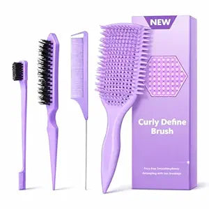 Curl Defining Brush Set for Curly Hair, 4-Piece Detangling Kit, Purple