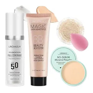 Color Changing Liquid Foundation & Full Coverage Concealer Foundation Face Primer Base Makeup Set,Moisturizing BB Cream & Loose Setting Face Powder with Makeup Sponge